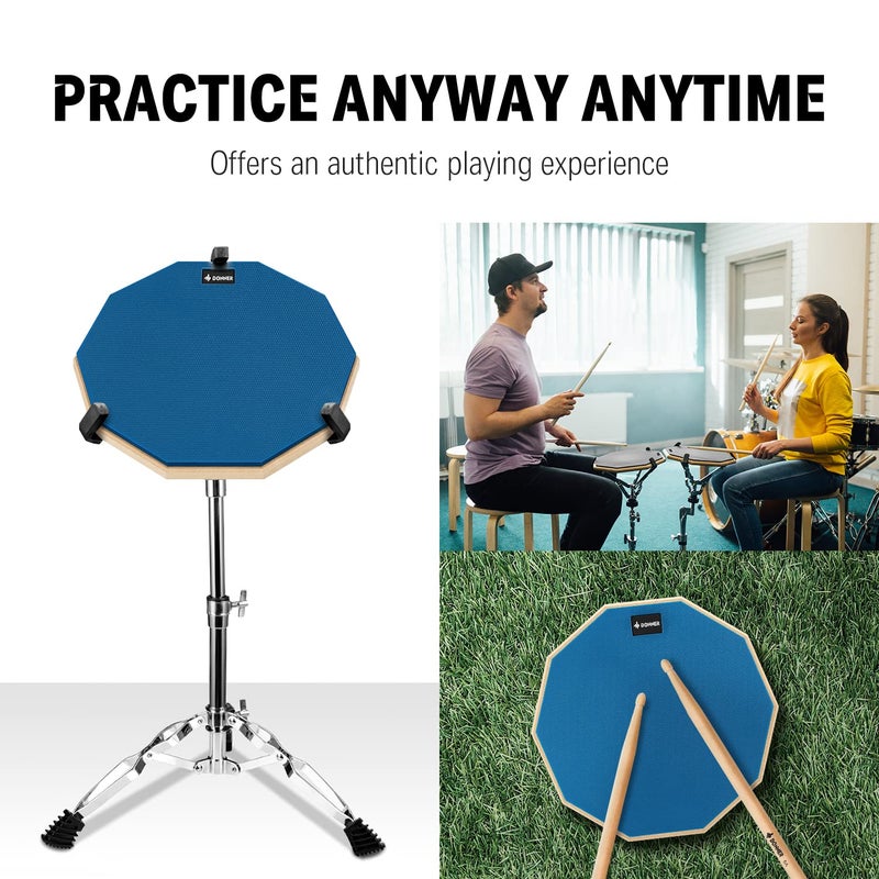 Donner 12 Inches Drum Practice Pad Silent Drum Pad Set Blue 2-Sided With Drum Sticks - Image 4